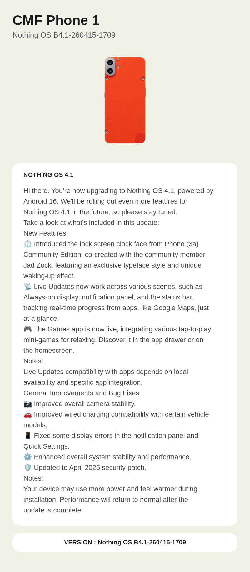 CMF Phone 1 Nothing OS B4.1-260415-1709 update screenshot