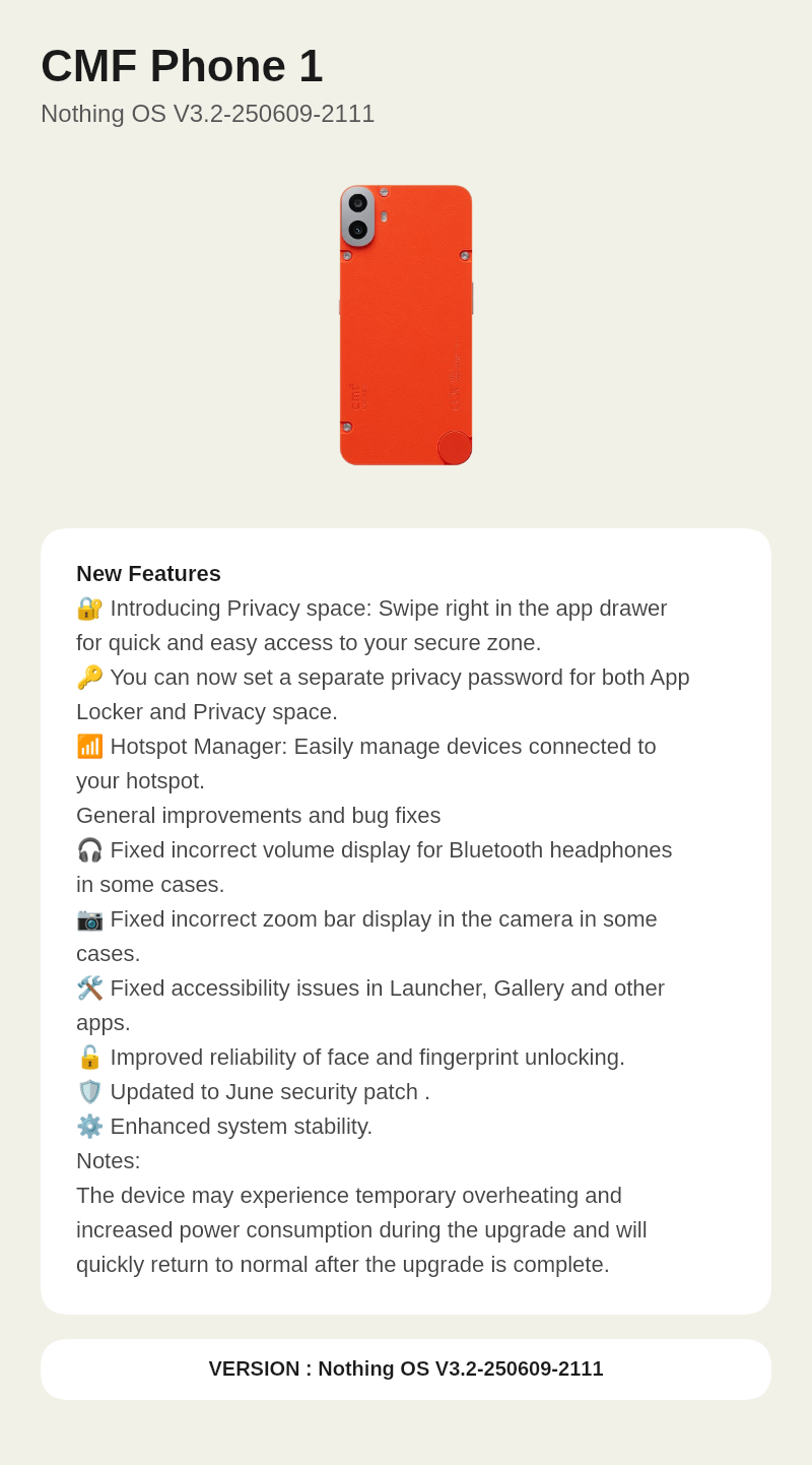 CMF Phone 1 Nothing OS V3.2-250609-2111 update screenshot