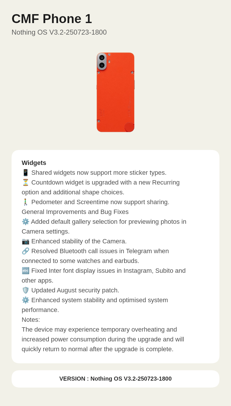 CMF Phone 1 Nothing OS V3.2-250723-1800 update screenshot