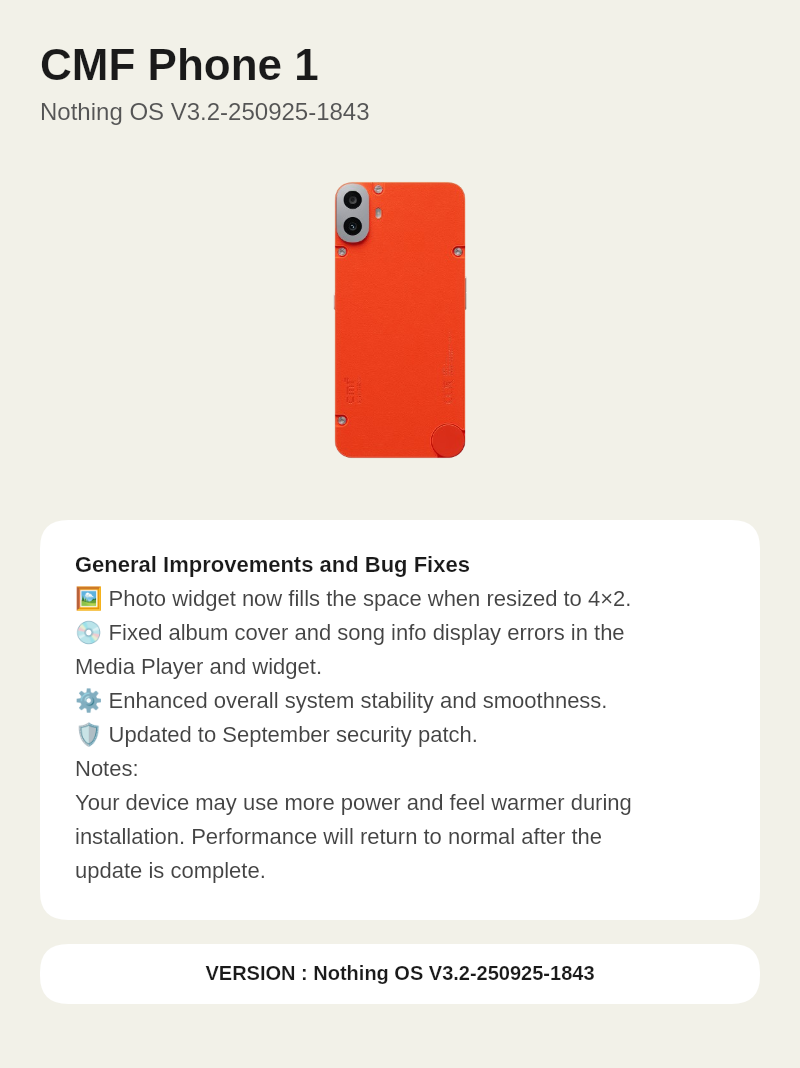 CMF Phone 1 Nothing OS V3.2-250925-1843 update screenshot
