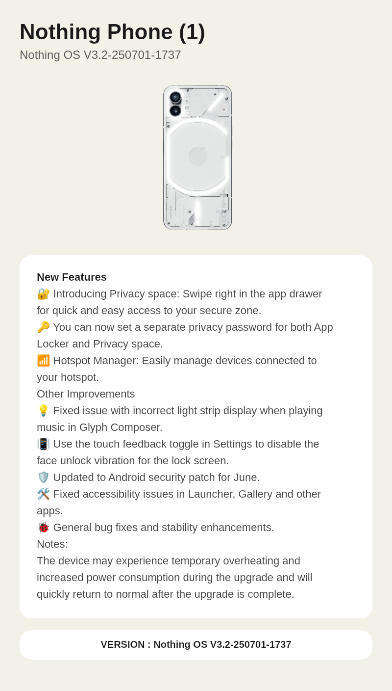 Nothing Phone (1) Nothing OS V3.2-250701-1737 update screenshot