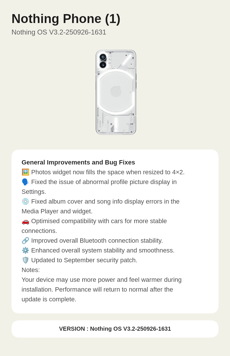 Nothing Phone (1) Nothing OS V3.2-250926-1631 update screenshot