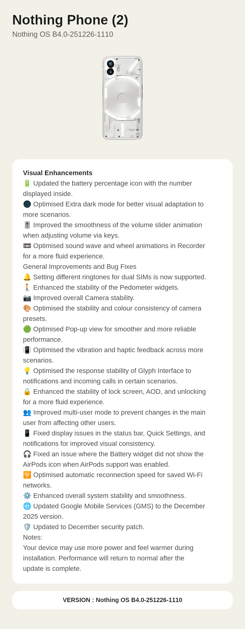 Nothing Phone (2) Nothing OS B4.0-251226-1110 update screenshot