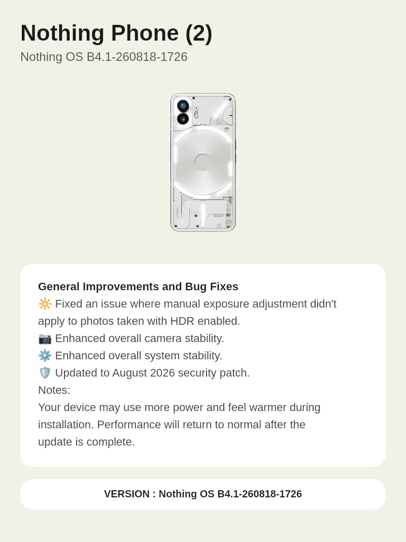 Nothing Phone (2) Nothing OS B4.1-260818-1726 update screenshot