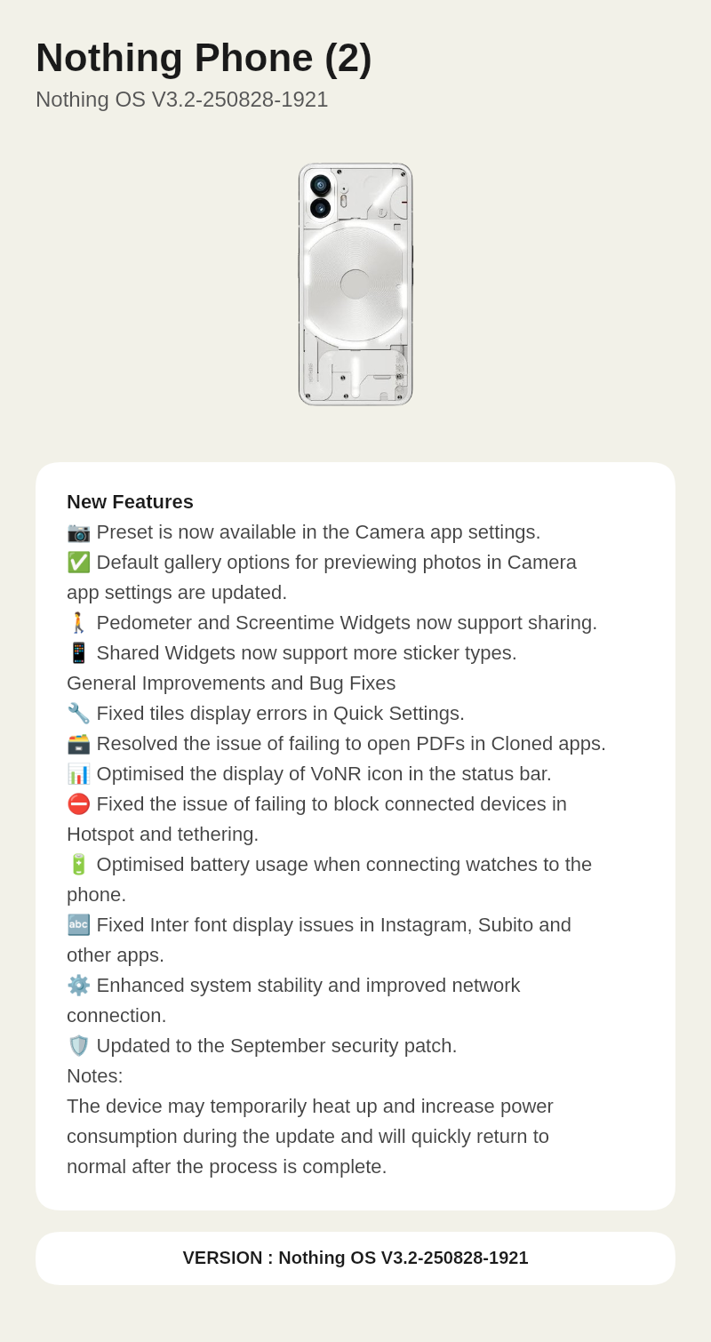 Nothing Phone (2) Nothing OS V3.2-250828-1921 update screenshot