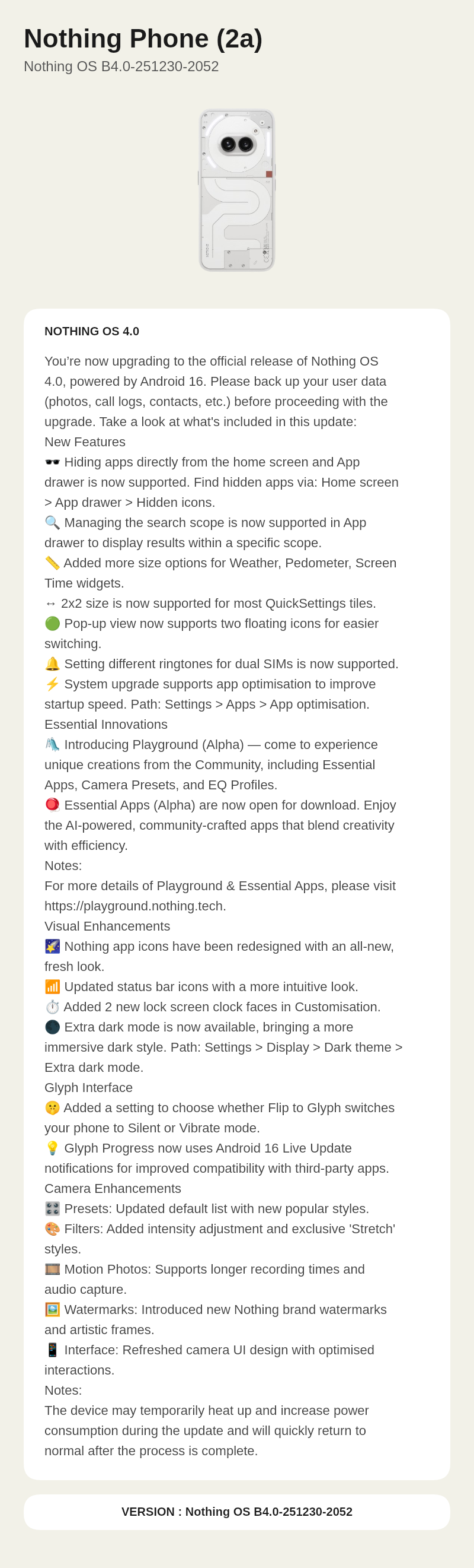 Nothing Phone (2a) Nothing OS B4.0-251230-2052 update screenshot