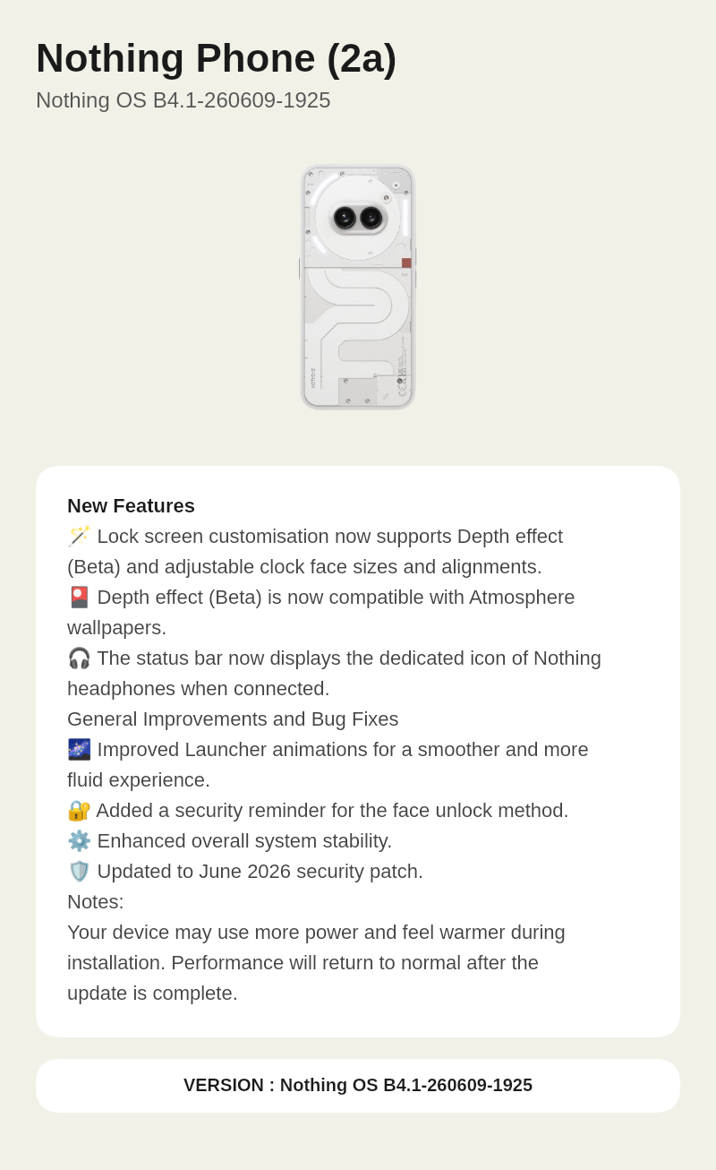 Nothing Phone (2a) Nothing OS B4.1-260609-1925 update screenshot