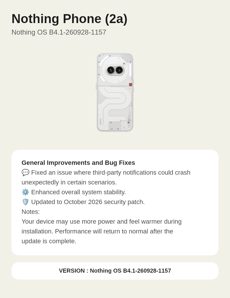 Nothing Phone (2a) Nothing OS B4.1-260928-1157 update screenshot