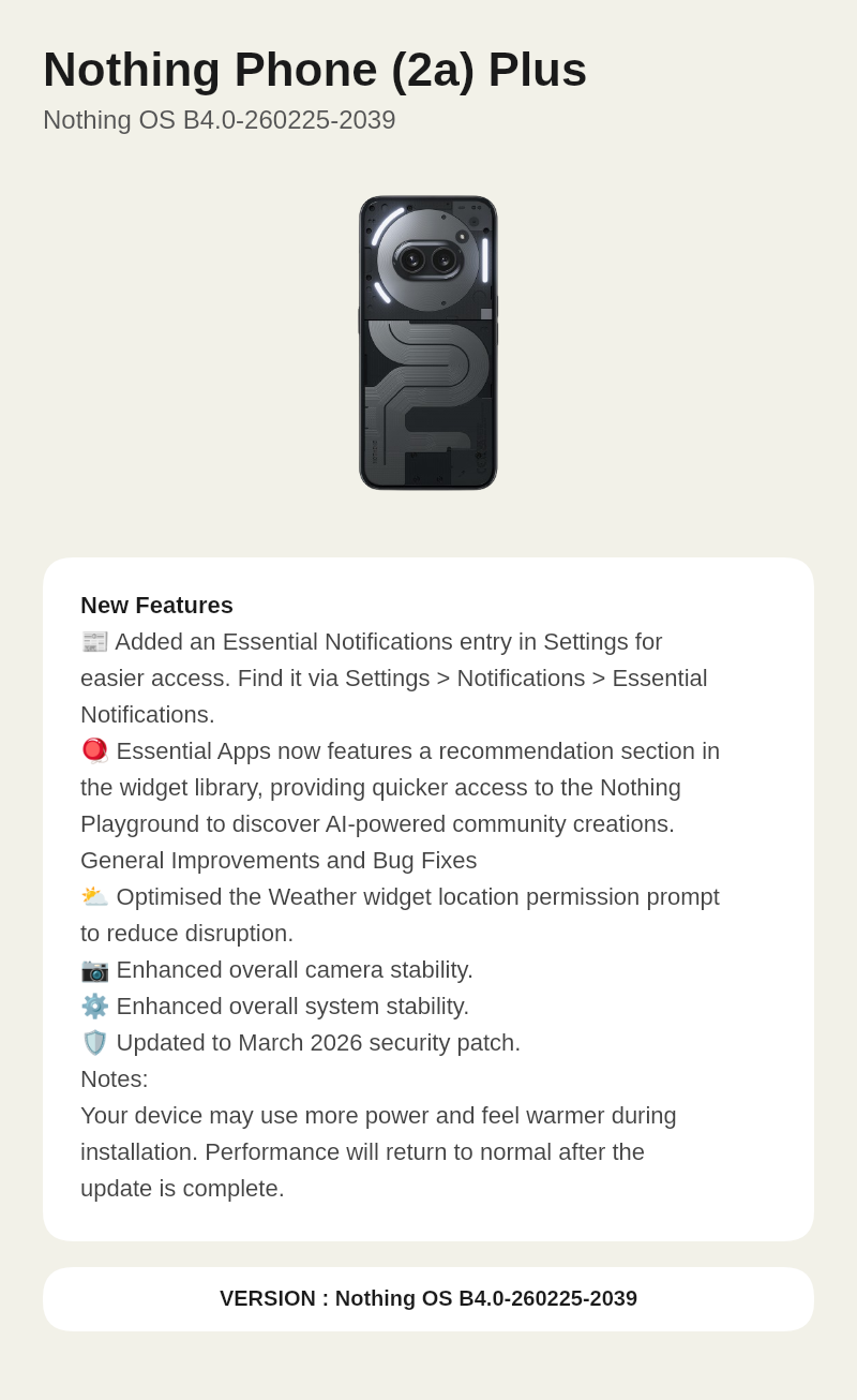 Nothing Phone (2a) Plus Nothing OS B4.0-260225-2039 update screenshot