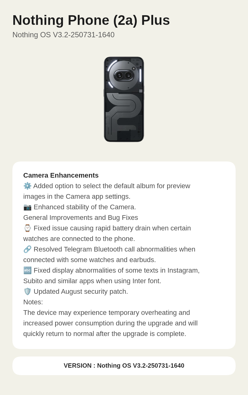 Nothing Phone (2a) Plus Nothing OS V3.2-250731-1640 update screenshot