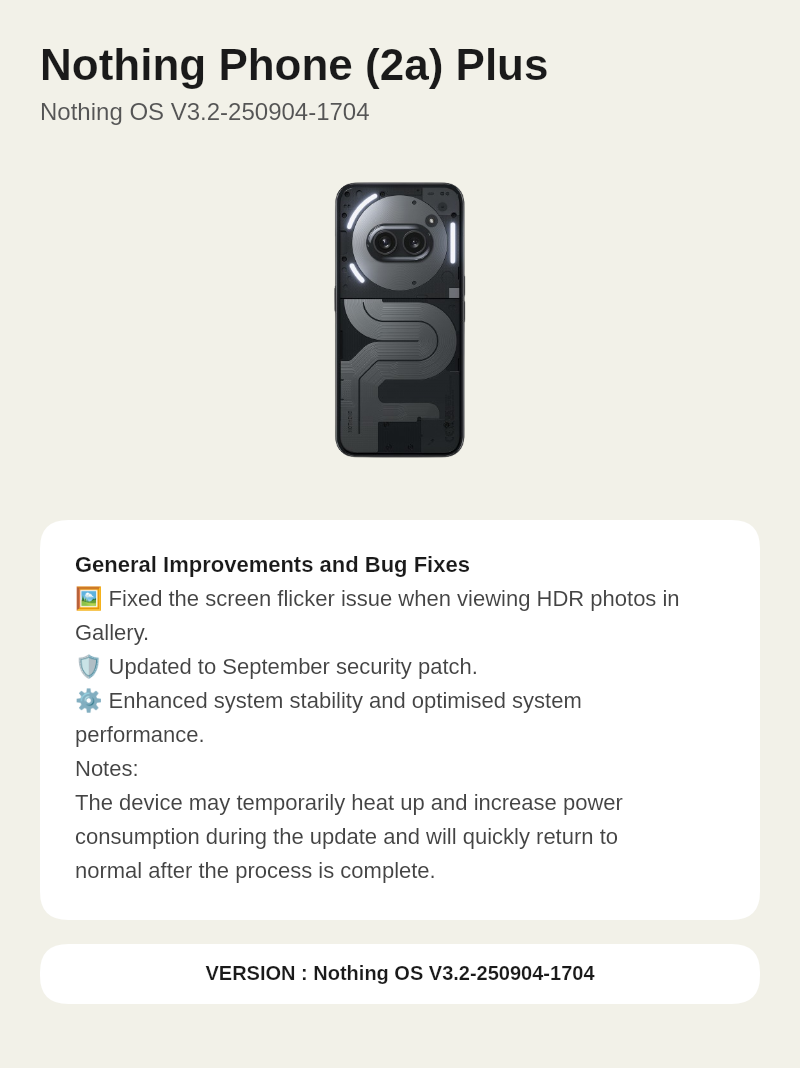 Nothing Phone (2a) Plus Nothing OS V3.2-250904-1704 update screenshot
