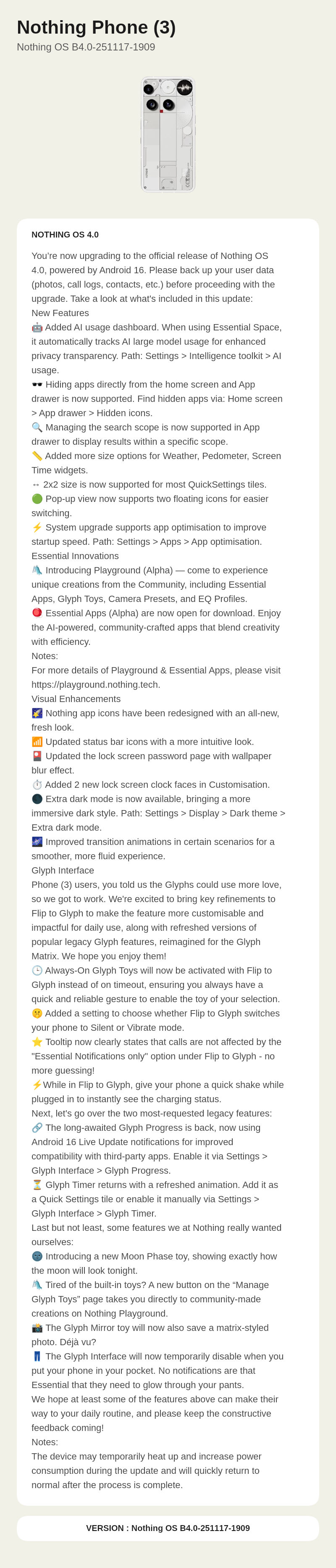 Nothing Phone (3) Nothing OS B4.0-251117-1909 update screenshot