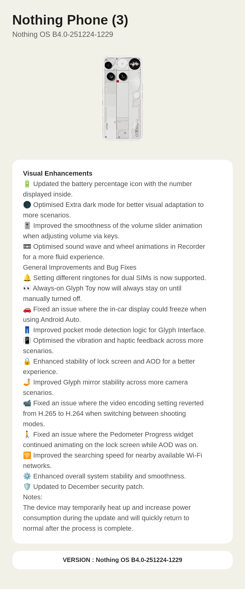 Nothing Phone (3) Nothing OS B4.0-251224-1229 update screenshot