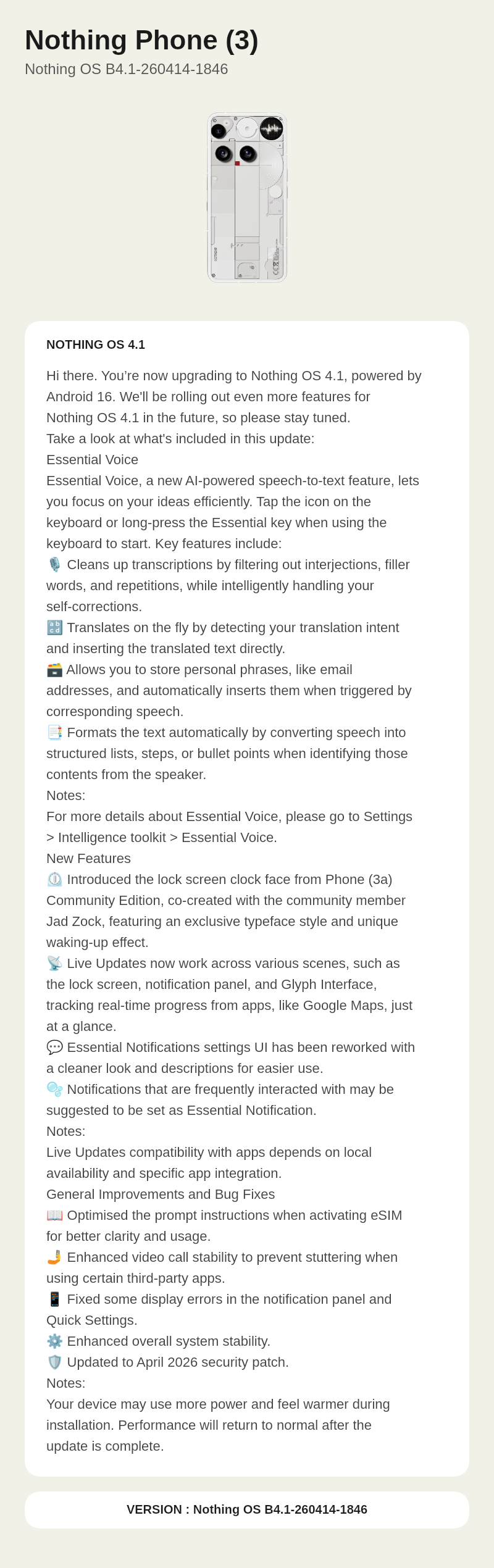 Nothing Phone (3) Nothing OS B4.1-260414-1846 update screenshot