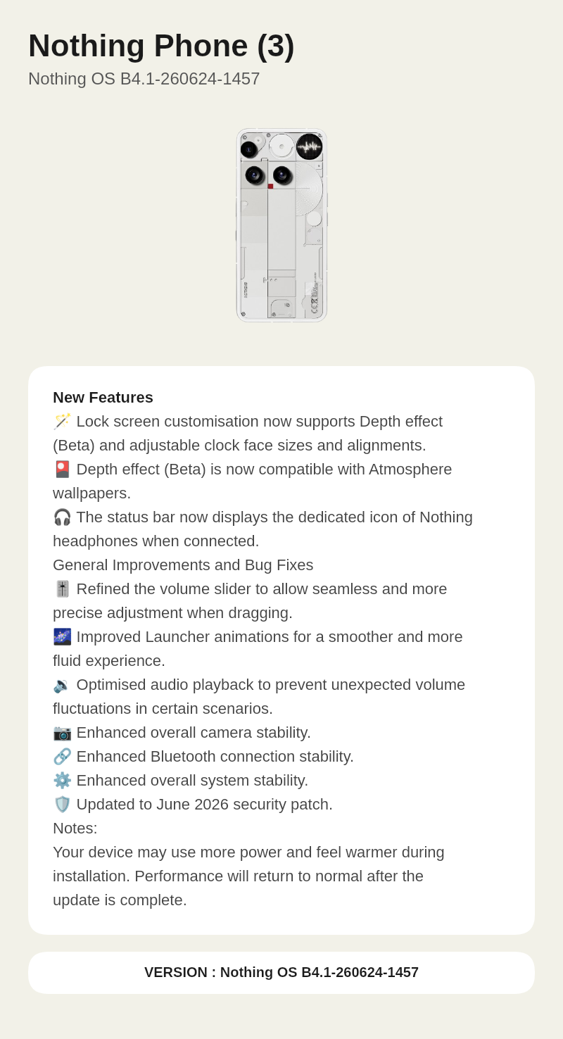 Nothing Phone (3) Nothing OS B4.1-260624-1457 update screenshot