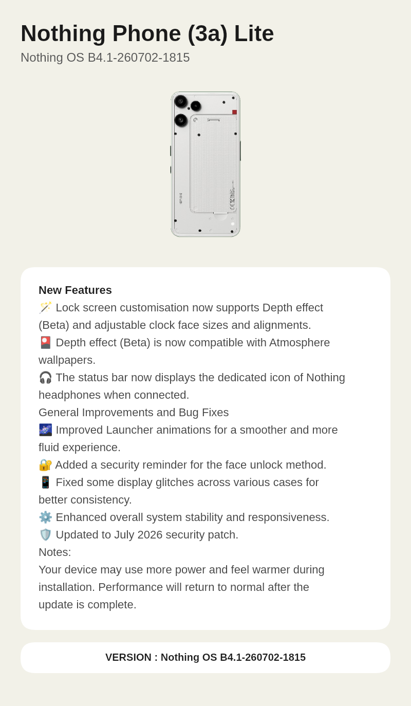 Nothing Phone (3a) Lite Nothing OS B4.1-260702-1815 update screenshot