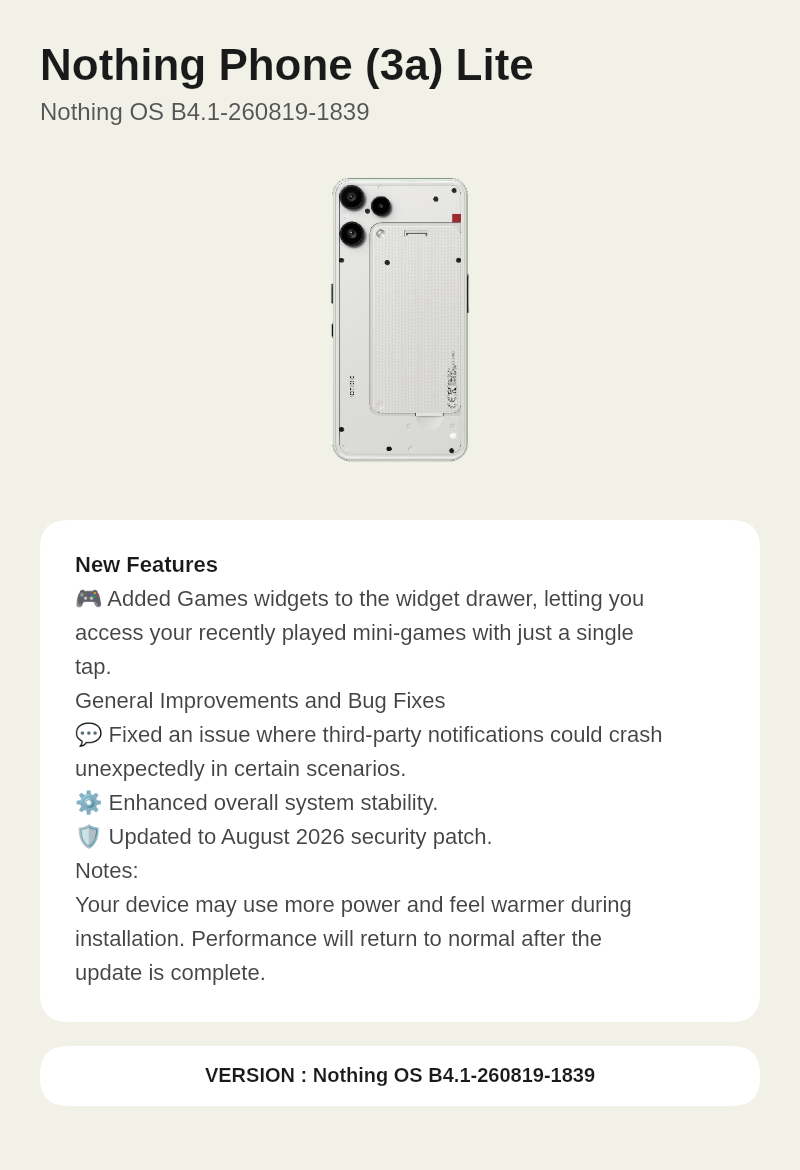 Nothing Phone (3a) Lite Nothing OS B4.1-260819-1839 update screenshot