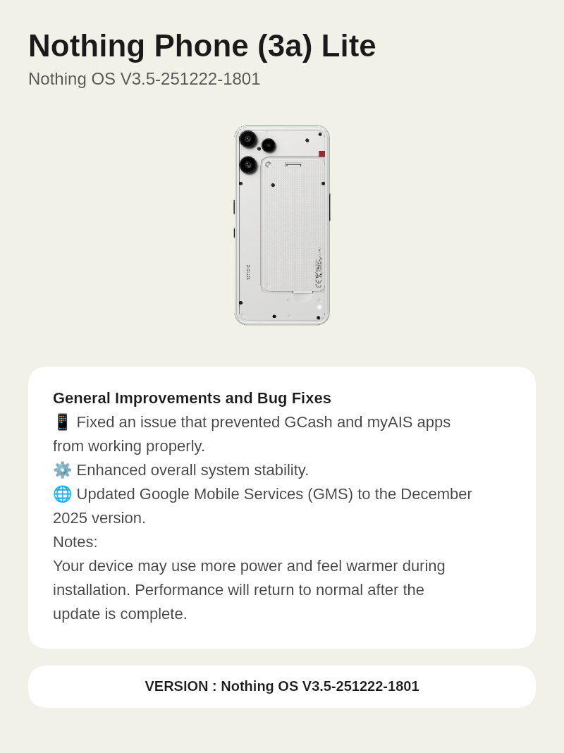 Nothing Phone (3a) Lite Nothing OS V3.5-251222-1801 update screenshot