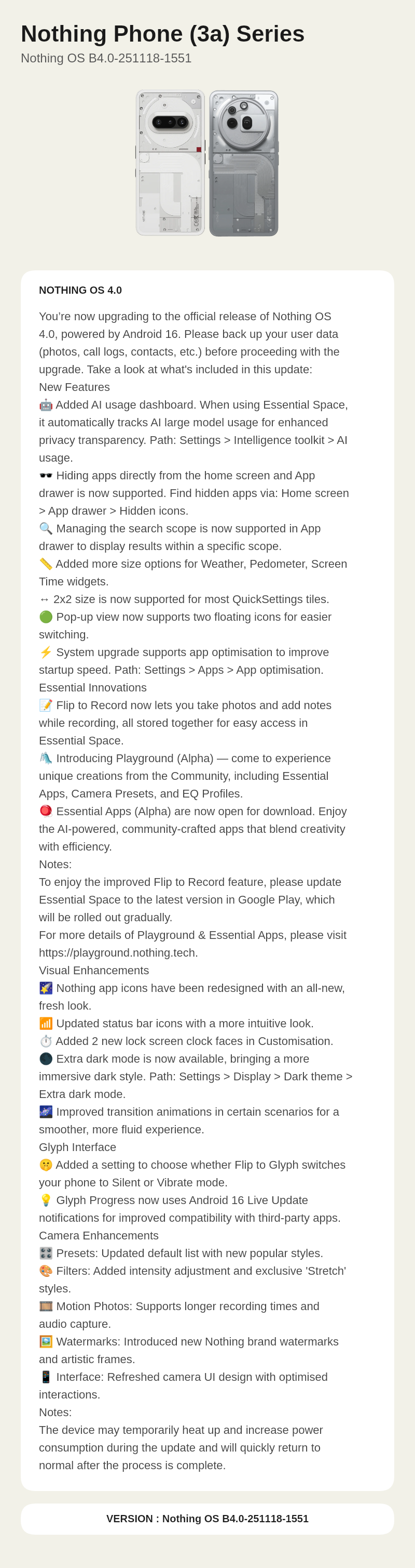 Nothing Phone (3a) Series Nothing OS B4.0-251118-1551 update screenshot