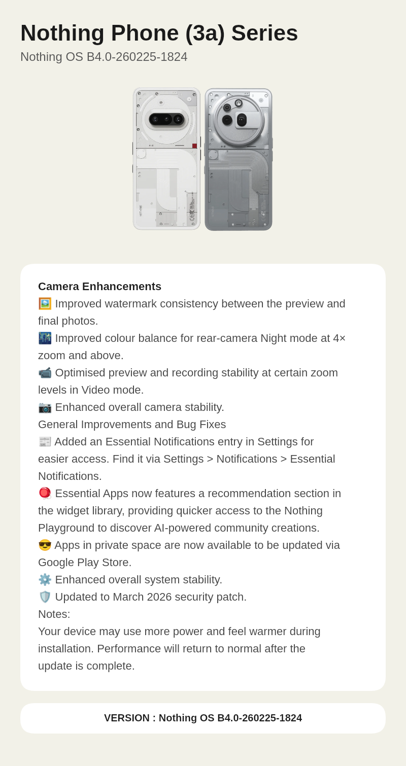 Nothing Phone (3a) Series Nothing OS B4.0-260225-1824 update screenshot