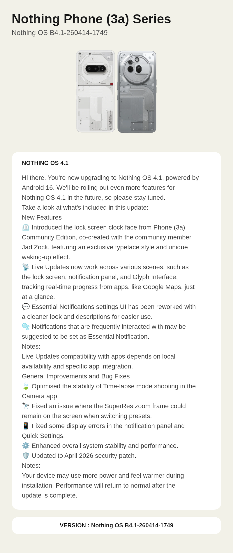 Nothing Phone (3a) Series Nothing OS B4.1-260414-1749 update screenshot
