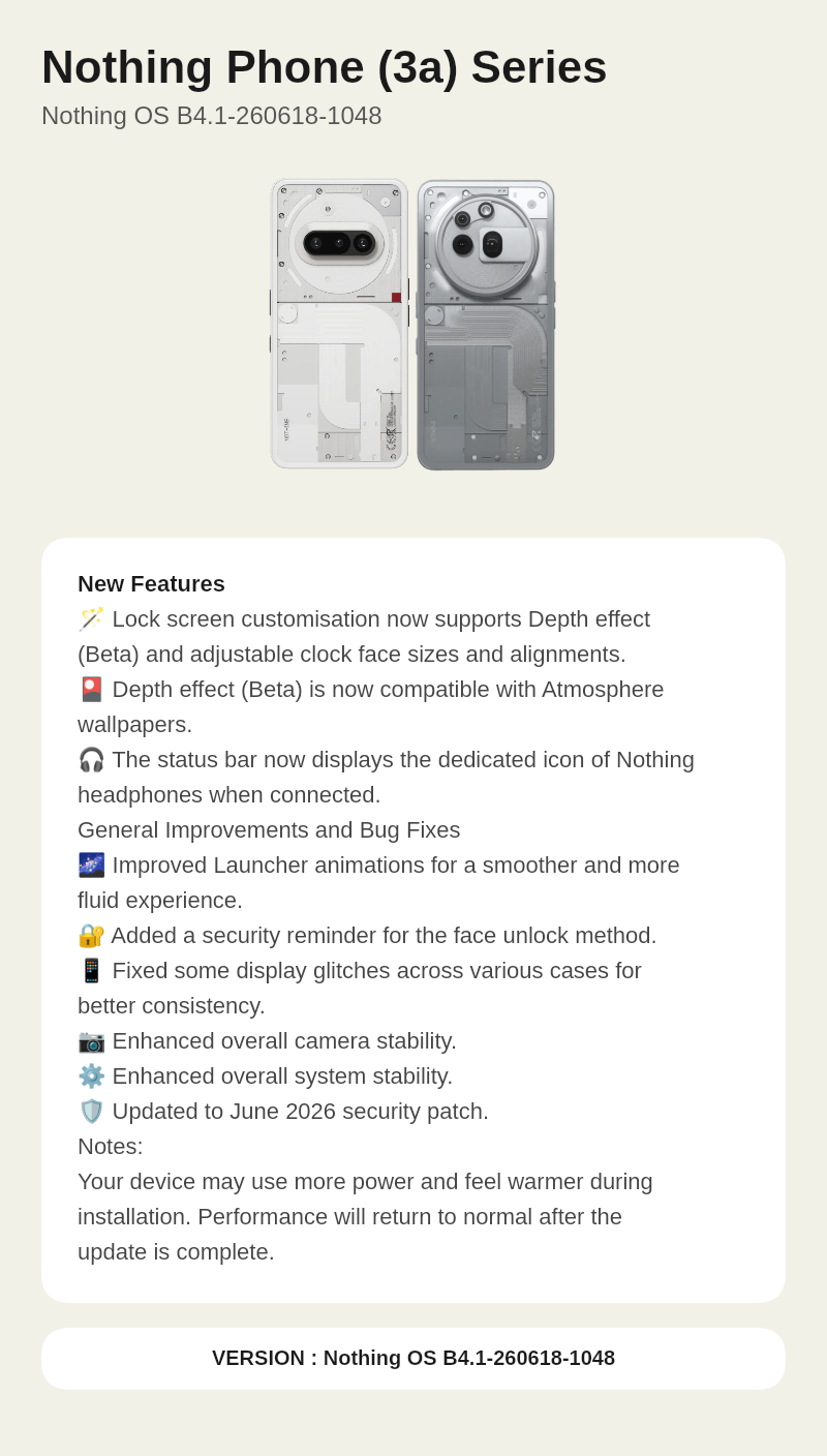 Nothing Phone (3a) Series Nothing OS B4.1-260618-1048 update screenshot
