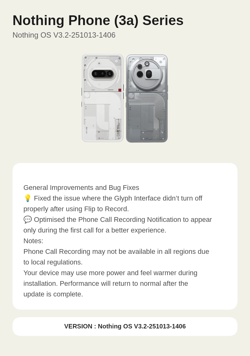 Nothing Phone (3a) Series Nothing OS V3.2-251013-1406 update screenshot