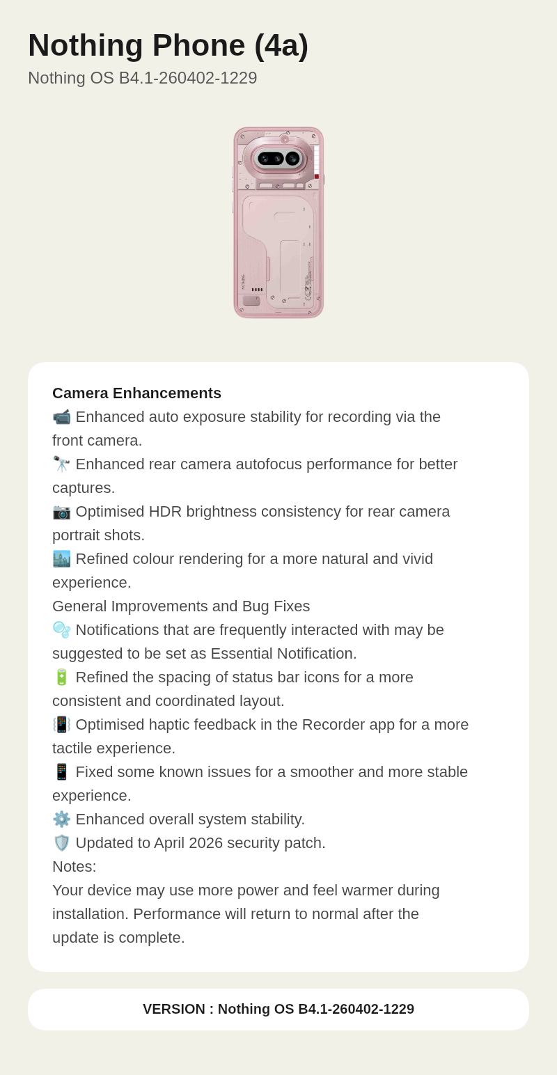 Nothing Phone (4a) Nothing OS B4.1-260402-1229 update screenshot