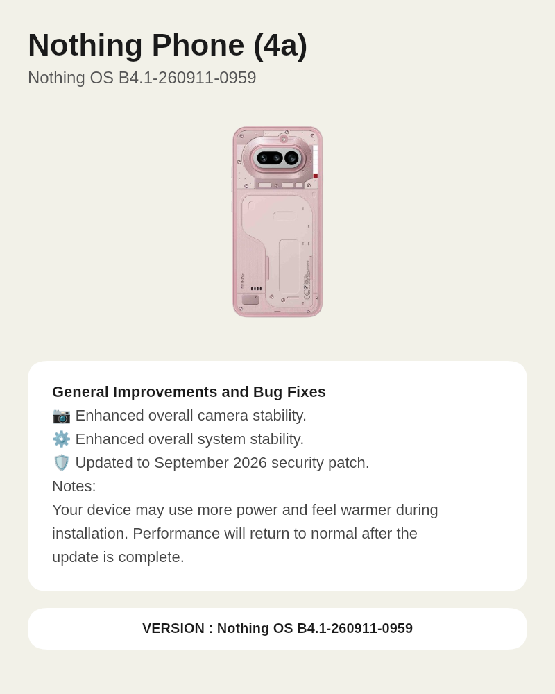 Nothing Phone (4a) Nothing OS B4.1-260911-0959 update screenshot