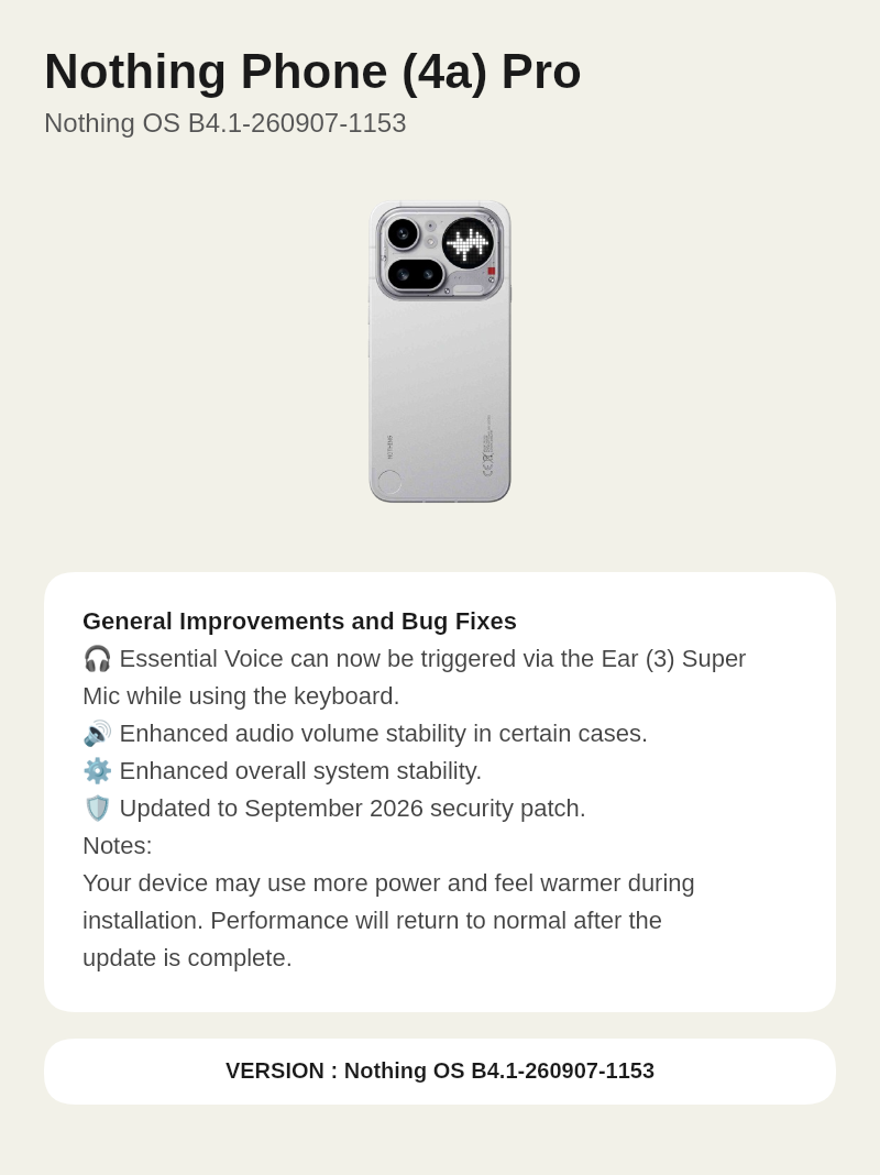 Nothing Phone (4a) Pro Nothing OS B4.1-260907-1153 update screenshot