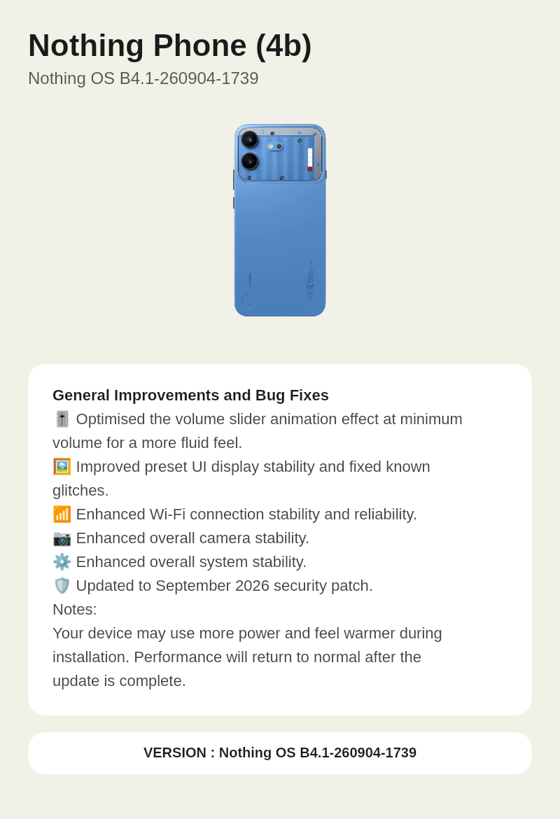 Nothing Phone (4b) Nothing OS B4.1-260904-1739 update screenshot